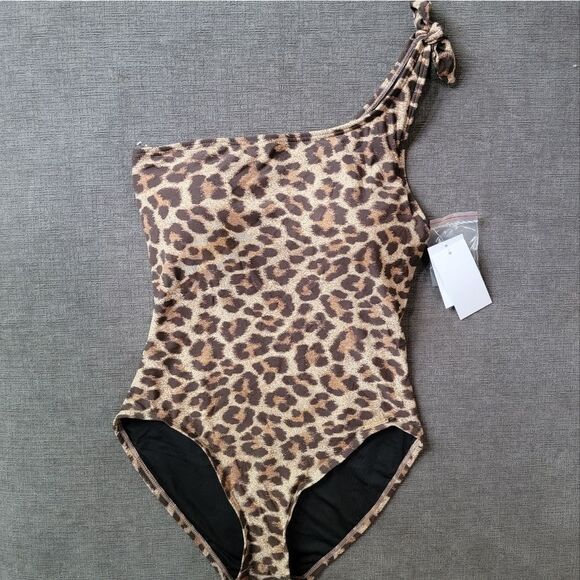 Michael Kors Women's Tan & Brown Leopard Print One Shoulder Swimsuit Size 8 - Picture 1 of 15